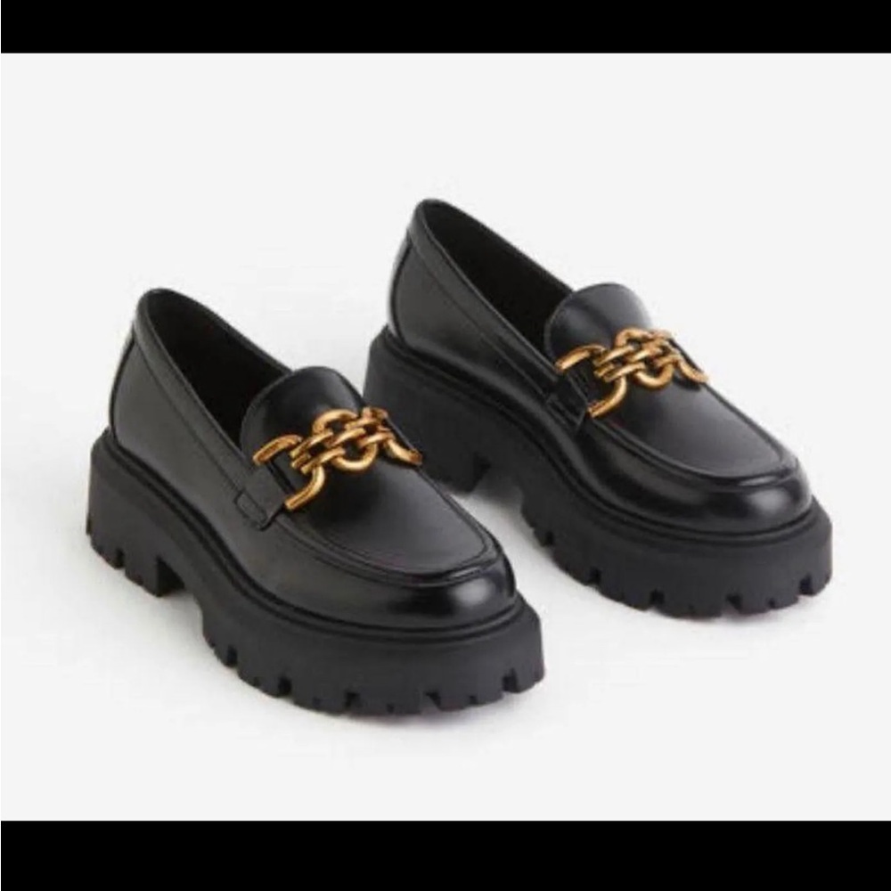 H&M Platform Black Loafers with Gold Chain Detail